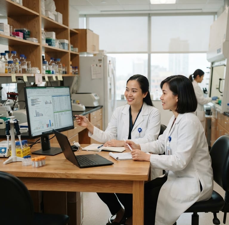 A medium-wide environmental portrait of two Vietnamese medical researchers discussing clinical data in a bright, modern laboratory with warm wood accents and soft diffused daylight.