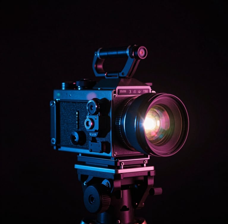 Profesjonalny sprzęt filmowy na ciemnym tle z neonowymi akcentami, kamera kinowa z obiektywem anamorficznym, low-key lighting, anamorphic lens flare, 35mm