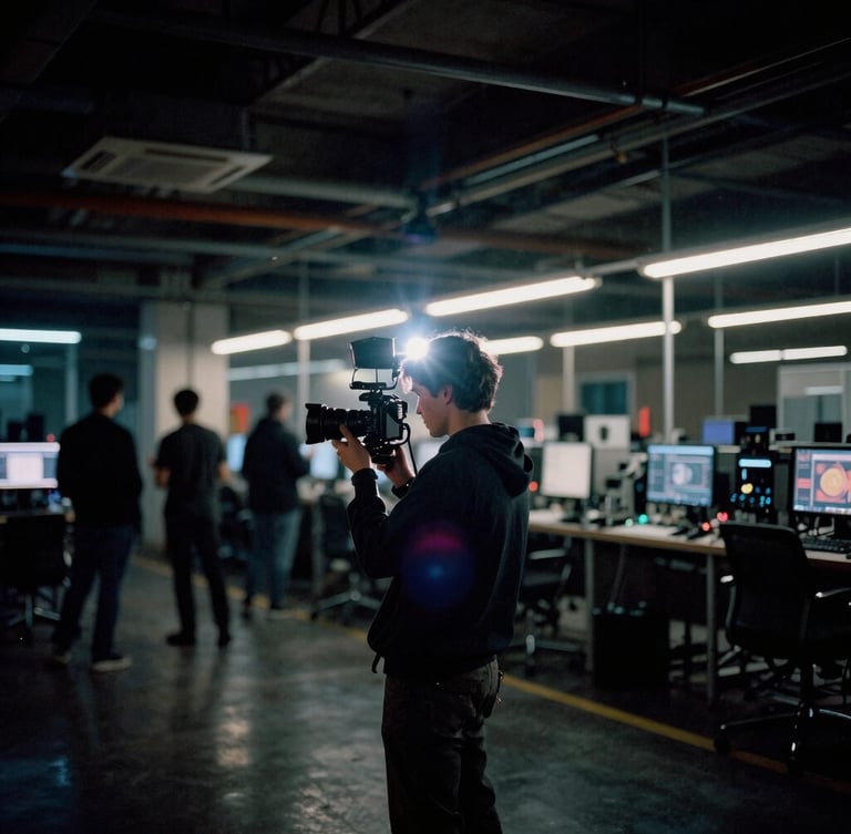 Operator filmowy z kamerą na ramieniu na tle industrialnego wnętrza, z neonowym światłem odbijającym się od sprzętu, low-key lighting, anamorphic lens flare, 35mm