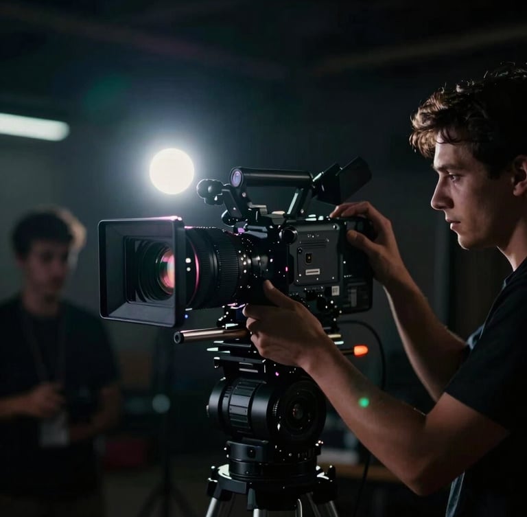 Professional film crew member adjusting a prime lens on a cinema camera, low-key dramatic lighting, anamorphic lens flare, deep shadows, cinematic film photography.