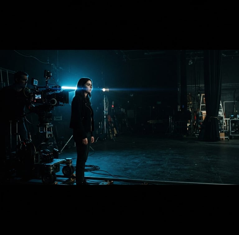 Cinematic film set, low-key dramatic lighting, anamorphic lens flare, professional camera rig, deep shadows, neon blue rim light, 35mm, panoramic 21:9 frame, subject off-center to the left, expansive dark space to the right.