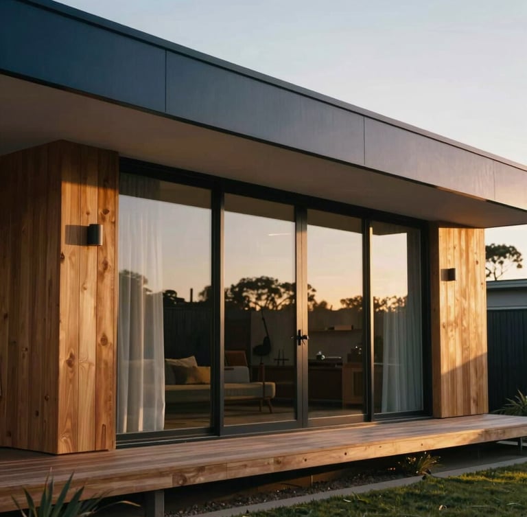 Modern Australian architectural home exterior with clean lines, large glass windows, warm golden-hour light reflecting on wood siding, editorial 35mm photography