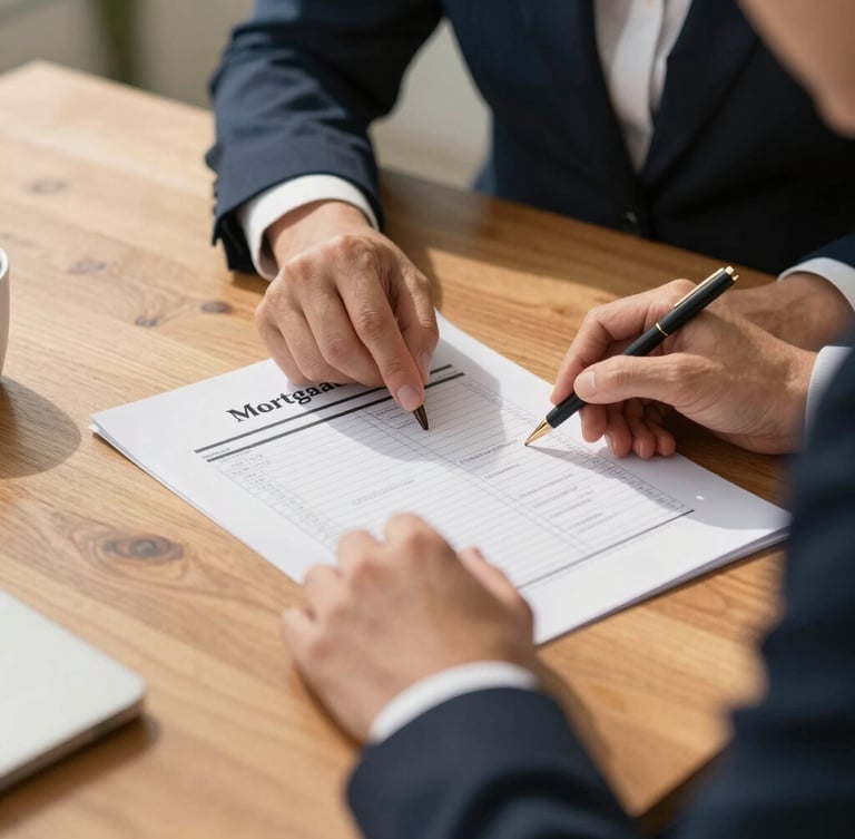 Hands of an advisor reviewing a printed mortgage structure diagram on a wooden desk, warm natural light, professional environment.