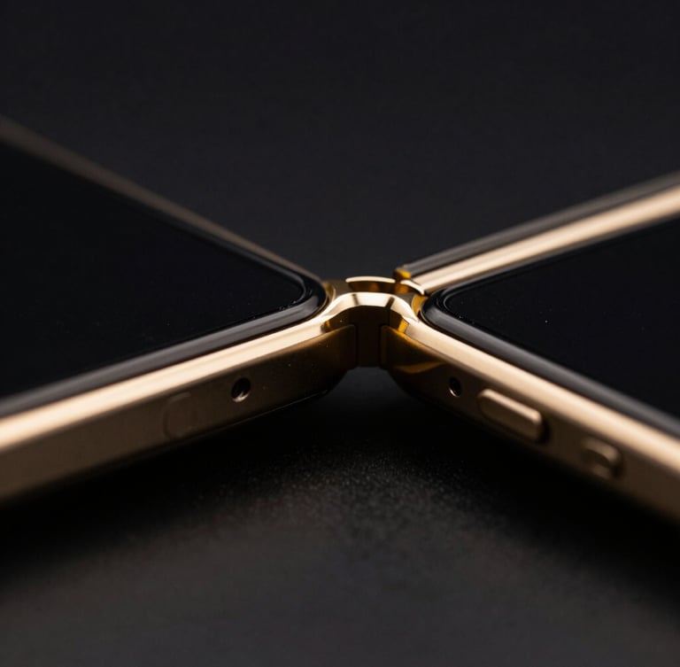 Extreme macro shot of a folding smartphone hinge, dramatic low-key studio lighting with gold rim highlights, deep obsidian background, sharp focus