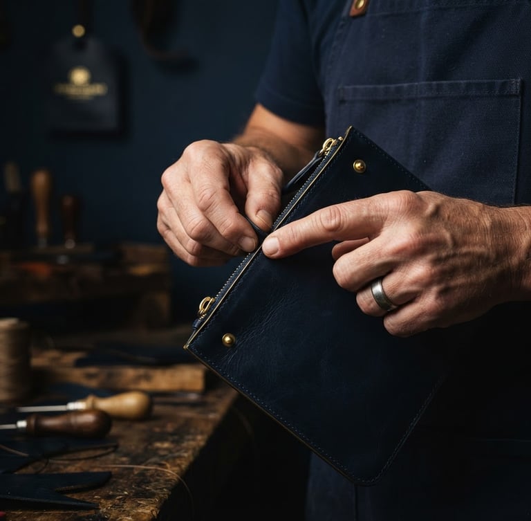 Elegant editorial product photography, soft dramatic studio light, close-up of a craftsman's hands carefully inspecting a piece of fine leather goods, deep navy and gold tones, high-contrast, Hasselblad, portrait aspect