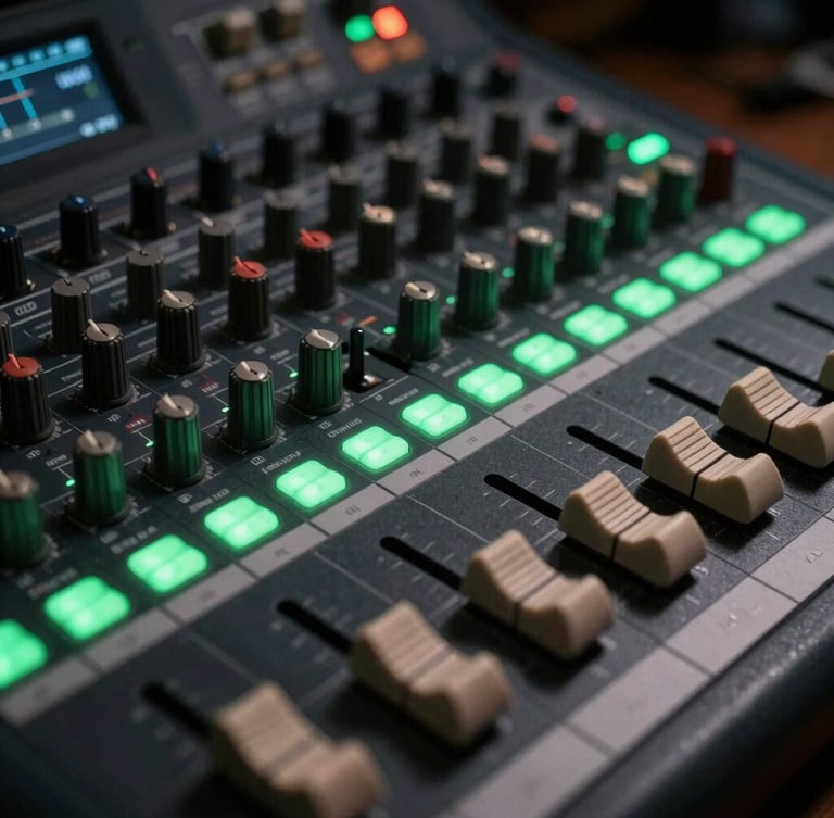 Tight macro shot of a professional mixing console in a dark music studio, glowing green LED level meters, faders set high, moody low-key lighting with sharp neon green backlights.