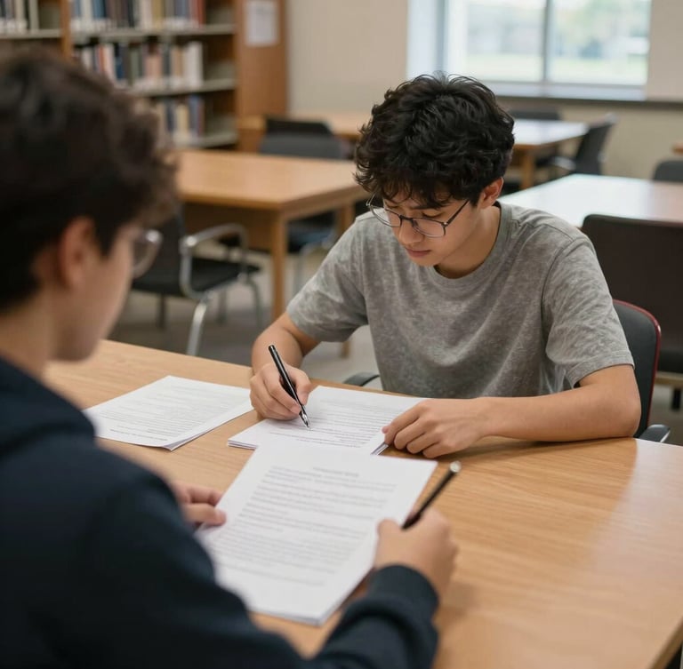 Candid over-the-shoulder shot of a student analyzing academic papers in a quiet university library, soft natural window light, structured wooden tables