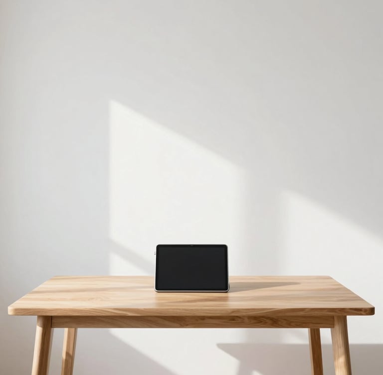 Symmetrical minimalist study room, light oak desk, natural morning light, clean white walls, focused student with a tablet, shallow depth of field, premium editorial photography