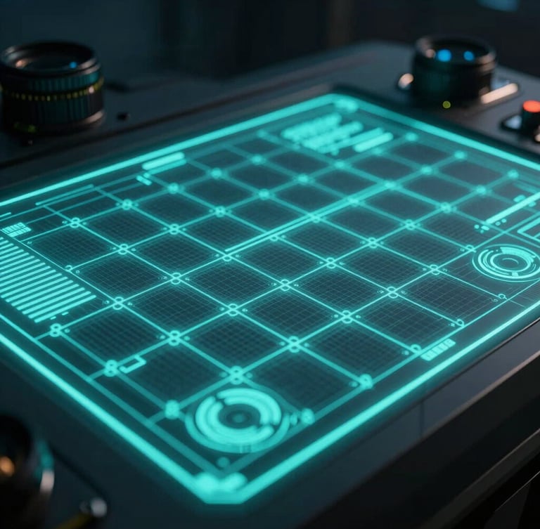 Cinematic close-up of tactical holographic grid overlay on a dark obsidian control panel, neon cyan emissive lighting, 35mm lens