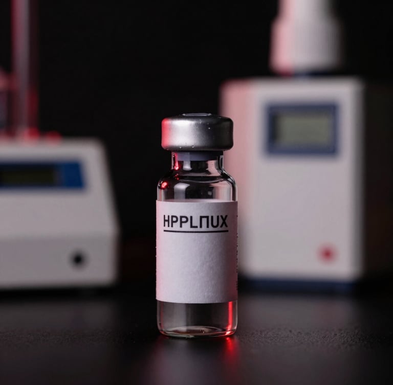 Macro close-up of a sterile glass vial with minimalist scientific labeling, laboratory equipment like HPLC machines in background, dramatic low-key studio lighting with sharp red rim light against deep black background