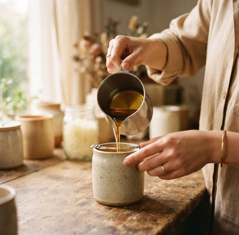 Warm close-up of hands pouring molten golden soy wax into a ceramic jar, soft morning window light, shallow depth of field, 35mm film.