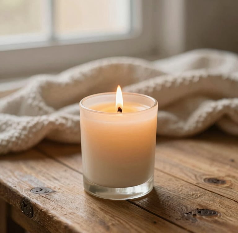 A lit soy candle with a wooden wick crackling softly on a rustic wooden table, cozy blanket in the background, warm golden-hour light.