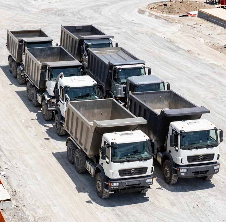 Wide-angle fleet lineup of heavy duty dump trucks and bulldozers parked in a structured row on a clean construction staging yard, direct hard sunlight, sharp focus, 35mm