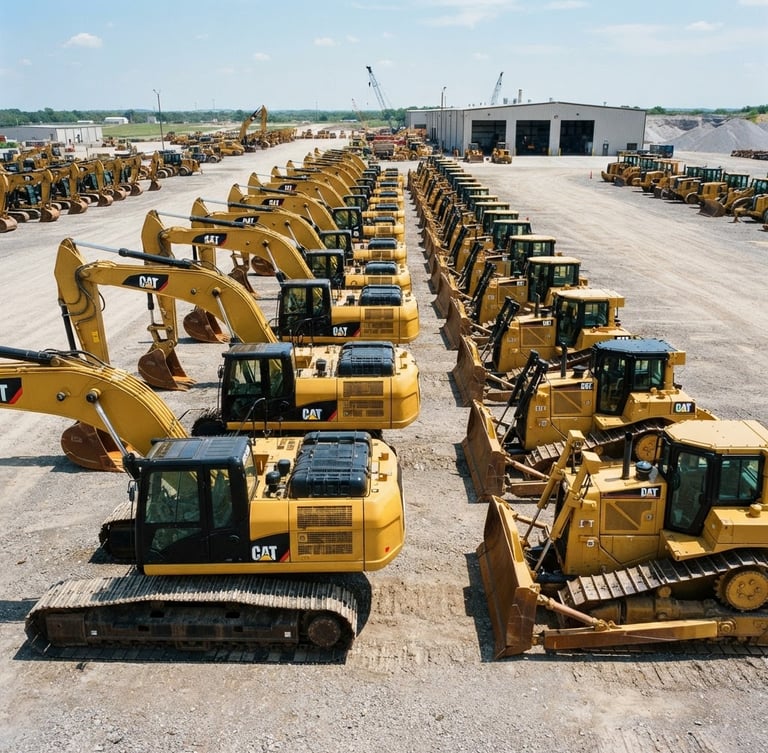 High-resolution wide-angle lineup of clean yellow excavators and dozers parked in a structured staging yard, hard direct daylight, metallic textures, 35mm