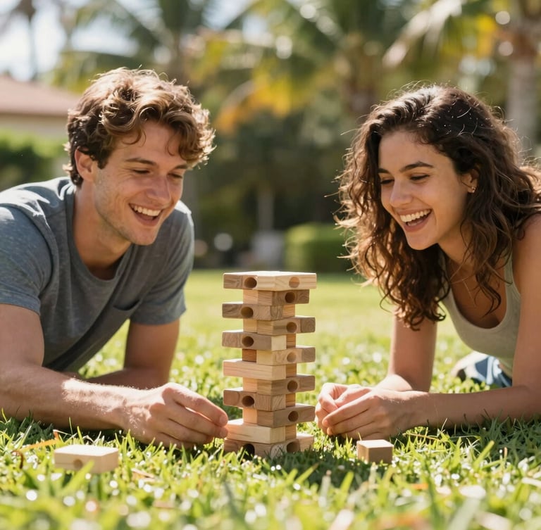 A candid medium-shot of two friends laughing over a game of giant Jenga on a sunny outdoor lawn, bright natural Florida sunlight, warm energetic tones, shallow depth of field.
