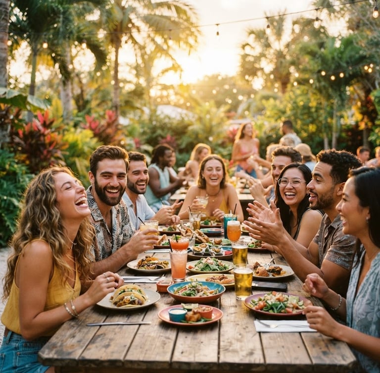 Vibrant group of young adults laughing and sharing food at a long wooden communal table in a sunlit Florida garden, warm golden hour light, shallow depth of field, 35mm