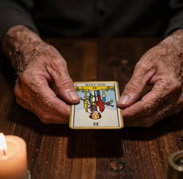 Low-key chiaroscuro close-up of aged, wise hands holding a single gold-rimmed tarot card over dark polished wood, warm candlelight casting deep shadows.