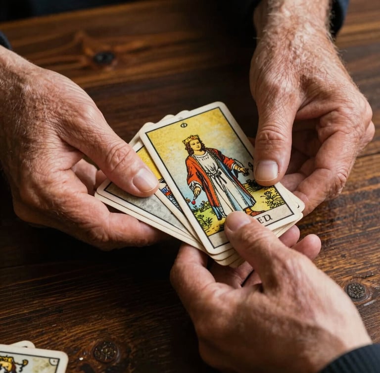 Close-up of wise hands holding textured vintage tarot cards over a dark wooden table, warm side lighting, chiaroscuro
