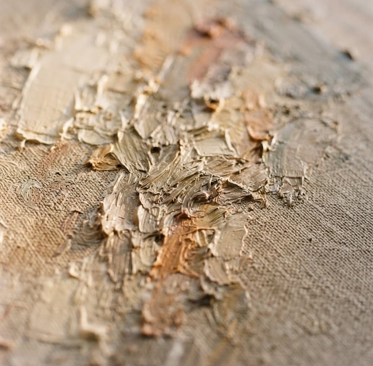 Close-up macro shot of rich oil paint texture on linen canvas, warm side-lighting, visible brushwork, neutral tones