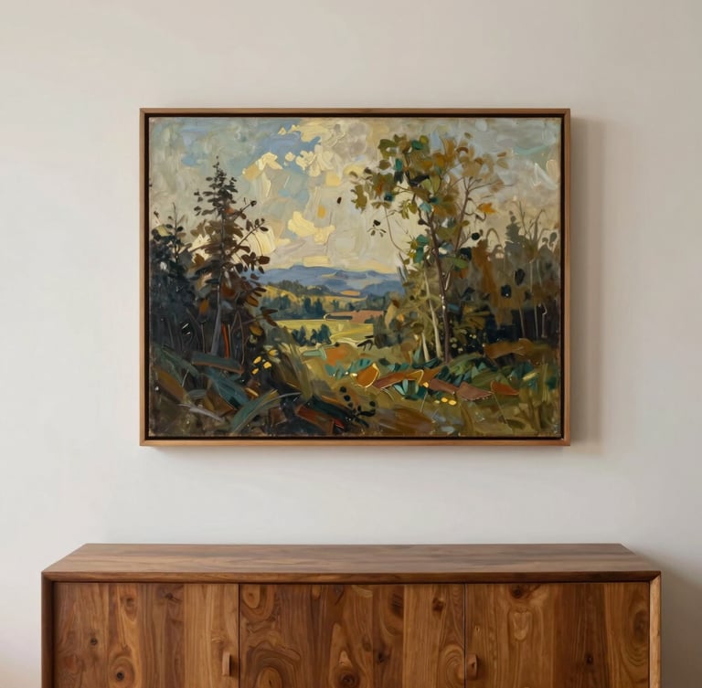An elegant minimalist residential interior with a large framed landscape oil painting hung above a low wooden credenza, soft natural side light
