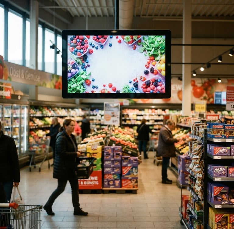 Eye-level environmental shot of a modern digital advertising screen installed inside a busy local German supermarket, natural daylight, shoppers in soft focus passing by, realistic 35mm photography
