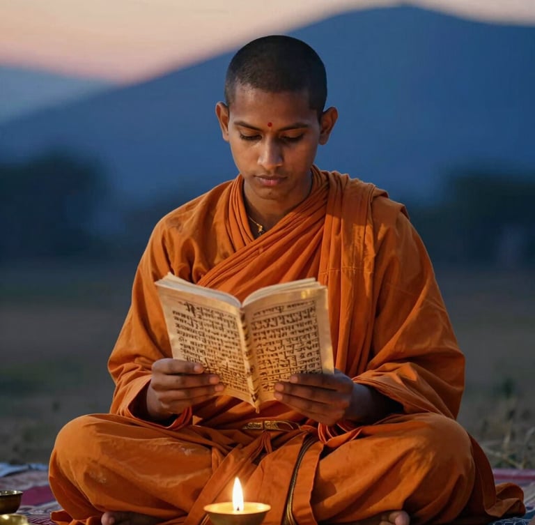 Cinematic portrait of a young Gurukul scholar in saffron robes reading a palm-leaf manuscript, soft temple oil lamp light, warm golden-hour glow, 35mm