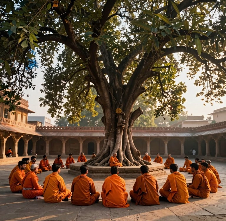 A wide environmental shot of a traditional stone courtyard in Vrindavan, young scholars in saffron robes sitting under a grand banyan tree at sunrise, golden-hour light filtering through leaves, warm editorial photography