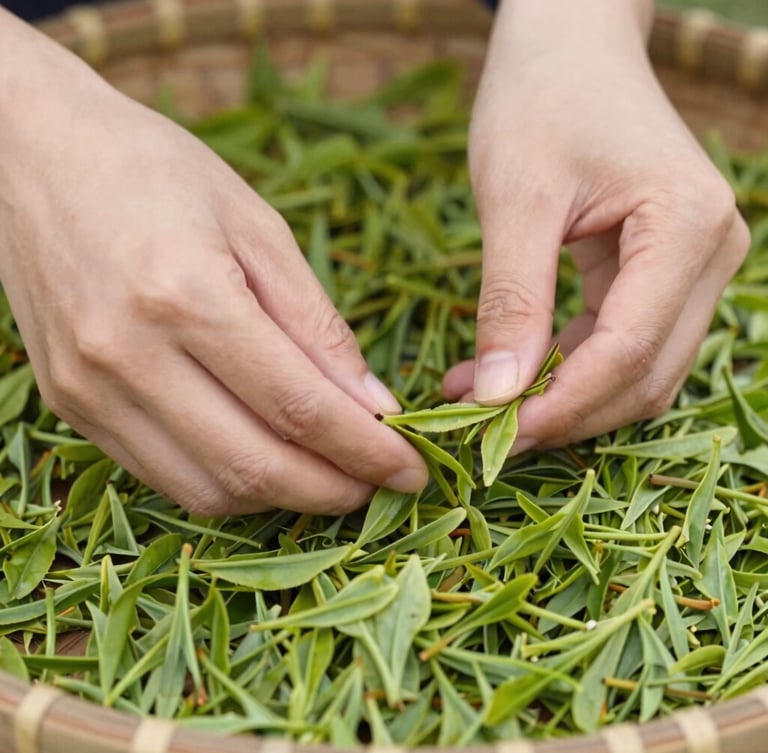 Close-up of freshly plucked green tea leaves in a woven basket, hands carefully sorting them, soft natural daylight, shallow depth of field, rich forest green tones.