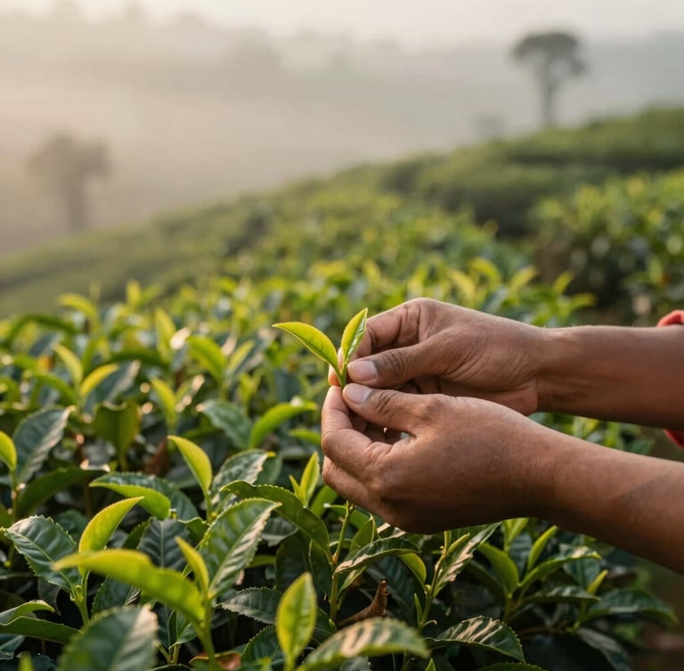 Wide shot of a tea plucker's hands gently harvesting two-leaves-and-a-bud in a misty Assam tea plantation at dawn, soft natural light, shallow depth of field, rich forest green and golden tones.