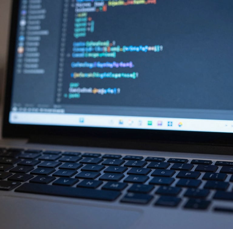 Macro shot of clean IDE code on a high-resolution screen, soft blue ambient light reflecting on a dark keyboard, cool editorial technology photography