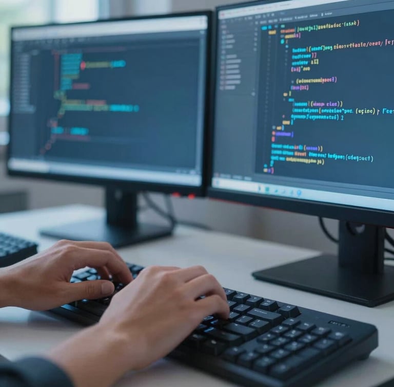Macro shot of a developer hands typing clean code on a mechanical keyboard, dual monitors displaying system architecture diagrams in a cool blue ambient light