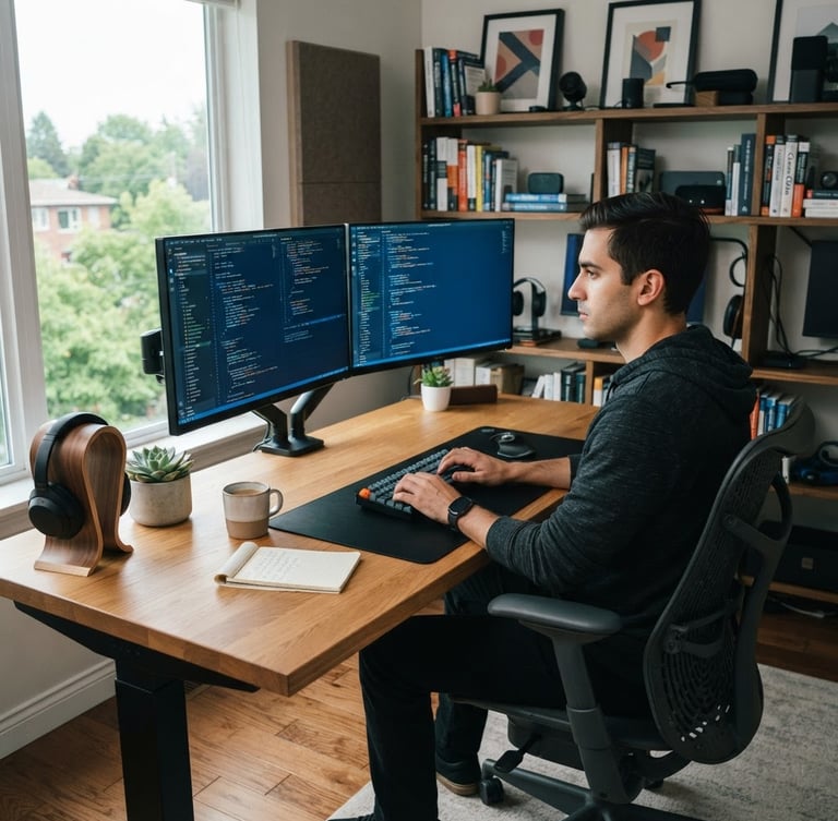 Wide environmental shot of a modern software engineer's workspace, dual monitors displaying clean code blocks, soft blue ambient glow from the screens, natural daylight, 35mm