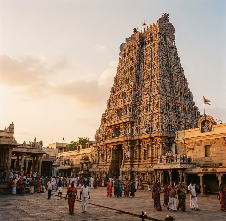 Wide environmental shot of a majestic stone temple gopuram in Madurai at golden hour, warm light hitting the intricate carvings, soft negative space on the left, warm editorial travel photography, medium format film style.