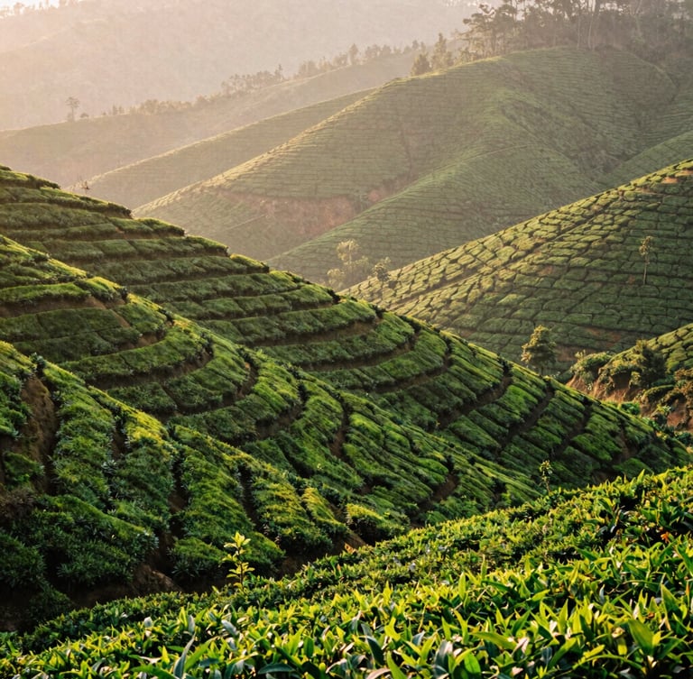 Lush green terraced tea gardens of Munnar rolling into misty hills, soft morning golden sunlight, medium format film style
