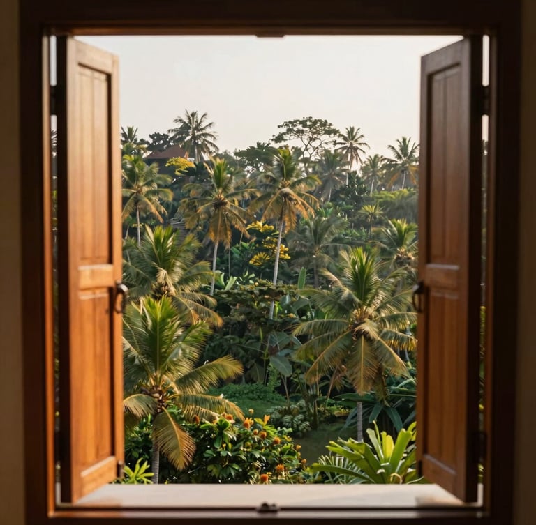 A high-angle portrait shot of a premium luxury resort balcony in Kerala, open wooden shutters looking out to a lush tropical forest at golden hour, warm natural daylight
