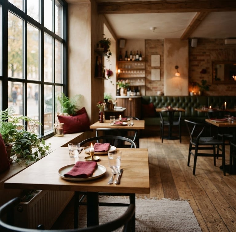 Warm-toned portrait of a cozy Scandinavian-style restaurant interior, soft natural light from a large window, empty tables and chairs, inviting atmosphere, shallow depth of field, deep crimson and forest green tones.