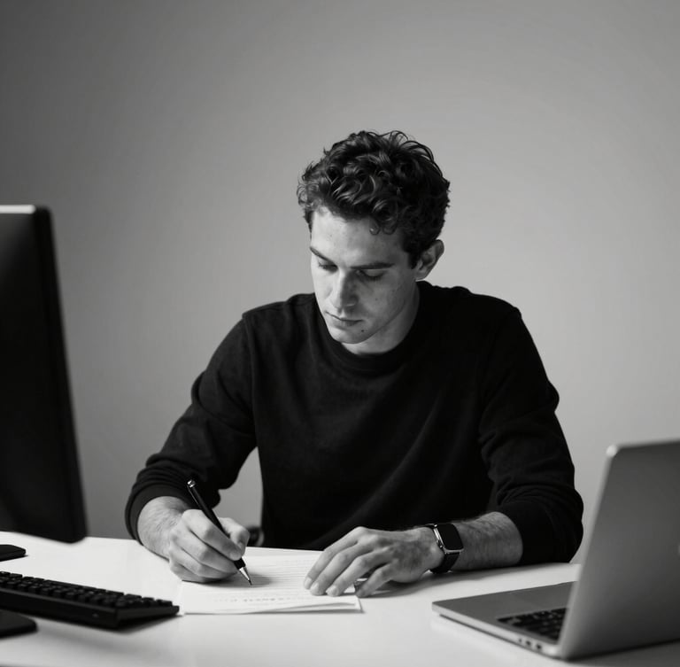 Karl Marcius em seu escritório, concentrado em anotações, com uma mesa de trabalho minimalista. Luz de estúdio de alto contraste, sóbrio e profissional. Preto e branco nítido com toques de laranja.