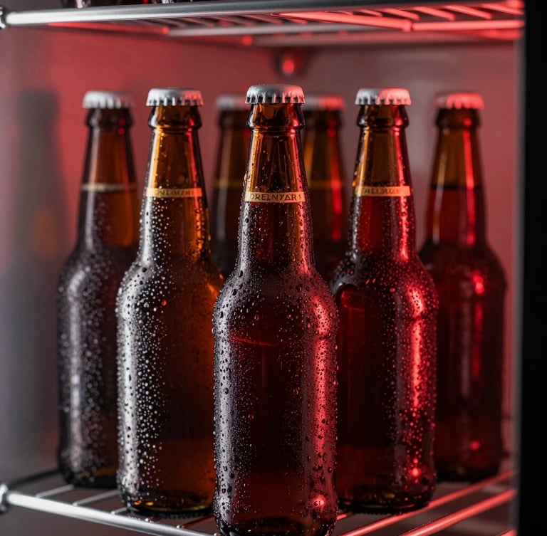 Close-up of premium beer bottles covered in heavy condensation inside a high-tech modern walk-in cooler, dramatic red backlighting
