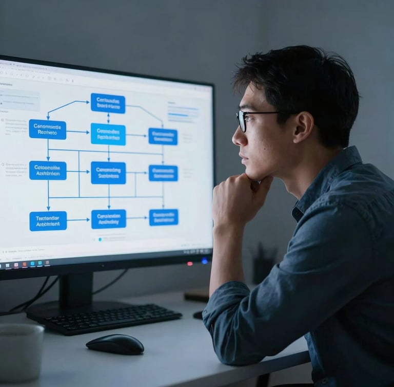 Professional, natural workspace portrait of a tech architect looking thoughtfully at a system architecture diagram on a screen, cool low-key lighting, slate gray and electric blue accents, 35mm
