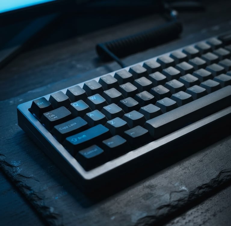 Macro shot of a mechanical keyboard on a deep slate desk, cool low-key studio lighting, electric blue glow from the screen reflecting on the keycaps, 35mm photography