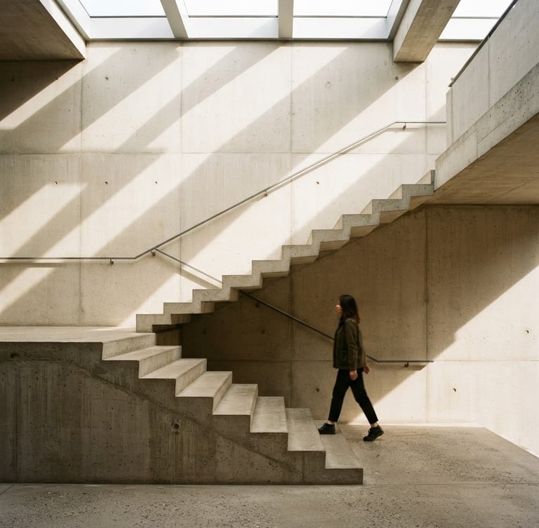 A minimalist architectural study of concrete stairs casting high-contrast shadows under soft natural daylight, showing human scale with a single figure walking past, 35mm film texture