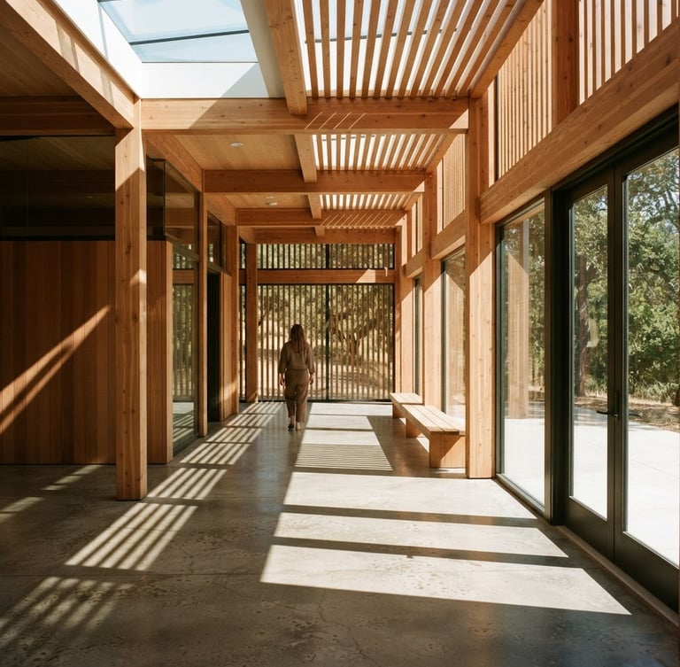 High-contrast architectural drawing of a sunlit community pavilion, clean lines, sharp shadows, minimalist spatial layout, warm editorial feel.
