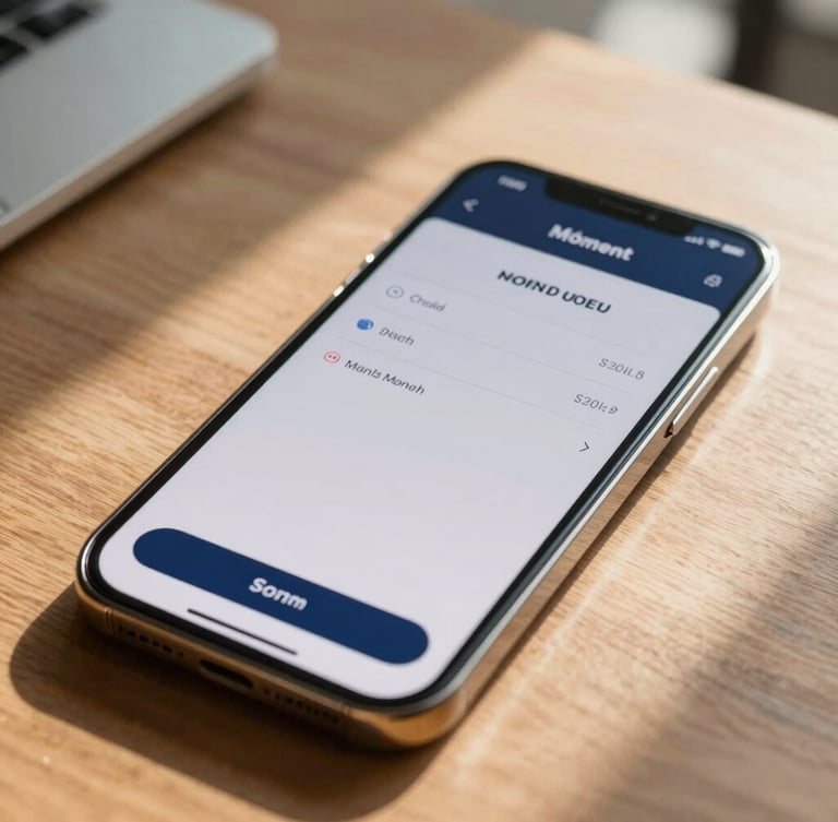 Close-up of a high-end smartphone screen displaying a clean mobile money transaction interface, set against a warm wooden table in a sunlit modern office, sharp focus, morning light, 35mm