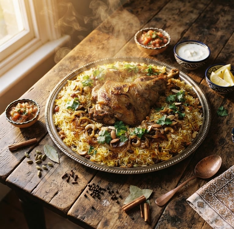 Overhead shot of a steaming communal mandi platter on a rustic wooden table, cardamom and cloves scattered nearby, warm golden-hour window light, rich earth tones, 35mm