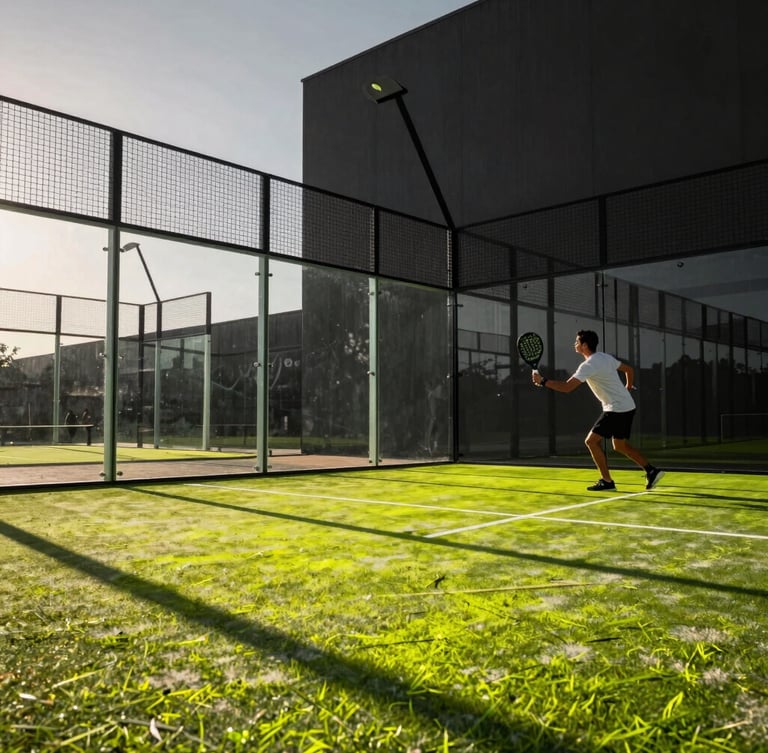 Dramatic sports photography, a modern glass padel court at sunset, a player in motion hitting a ball, high-contrast lighting with electric lime reflections, sharp focus.