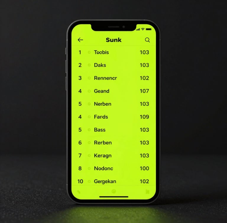 Frontal high-definition mockup of SmashApp on a modern smartphone, displaying a vibrant electric lime leaderboard ranking screen, high-contrast dark background, sharp focus.