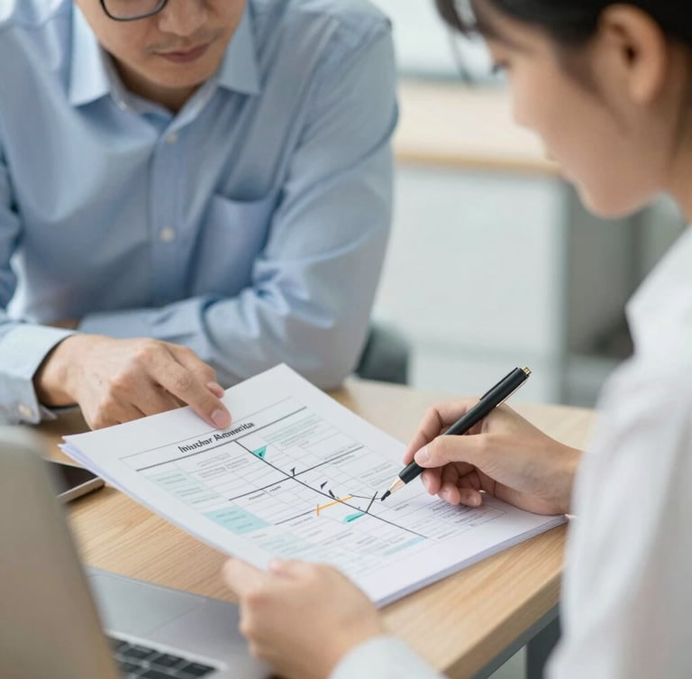 A close-up shot of a student and mentor reviewing a structured roadmap document on a wooden desk, soft natural daylight, professional and focused atmosphere, 35mm photography
