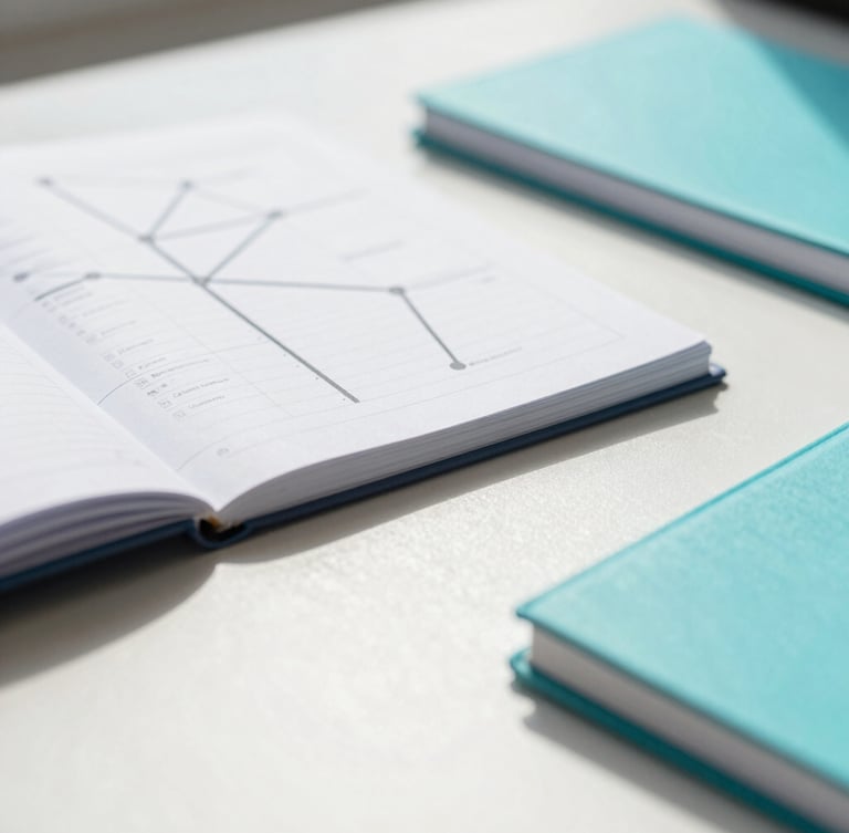 A close-up of planning materials like notebooks and structured roadmaps on a clean desk, bright natural daylight, soft blue and teal tones, shallow depth of field, 35mm