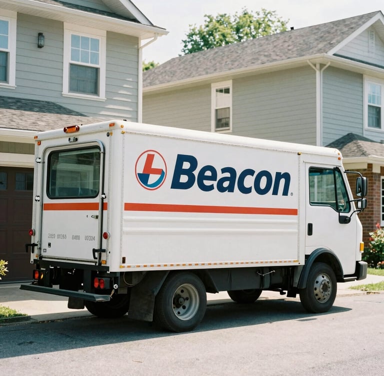 Medium shot of a Beacon Garage Door's Repairs service truck parked in front of a residential garage, Edinburgh, Indiana, bright natural daylight.