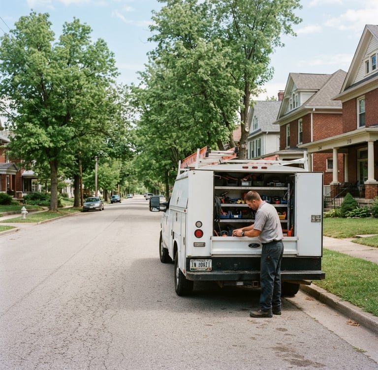 Wide shot of a clean, branded service truck parked on a quiet, tree-lined street in Edinburgh, Indiana, with a technician visible checking tools in the back. Bright natural daylight, 35mm.